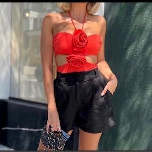 Zara Red Rose Cutout Halter Bodysuit